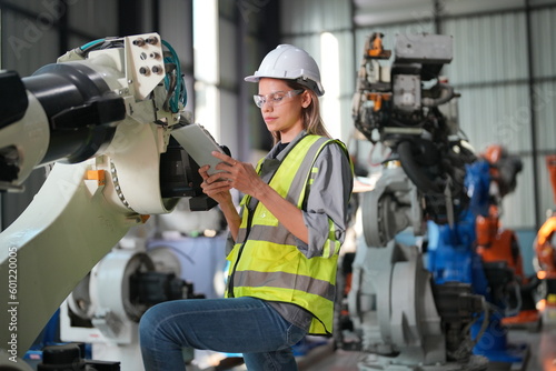 Female industrial engineer working at automated AI robotic production factory.