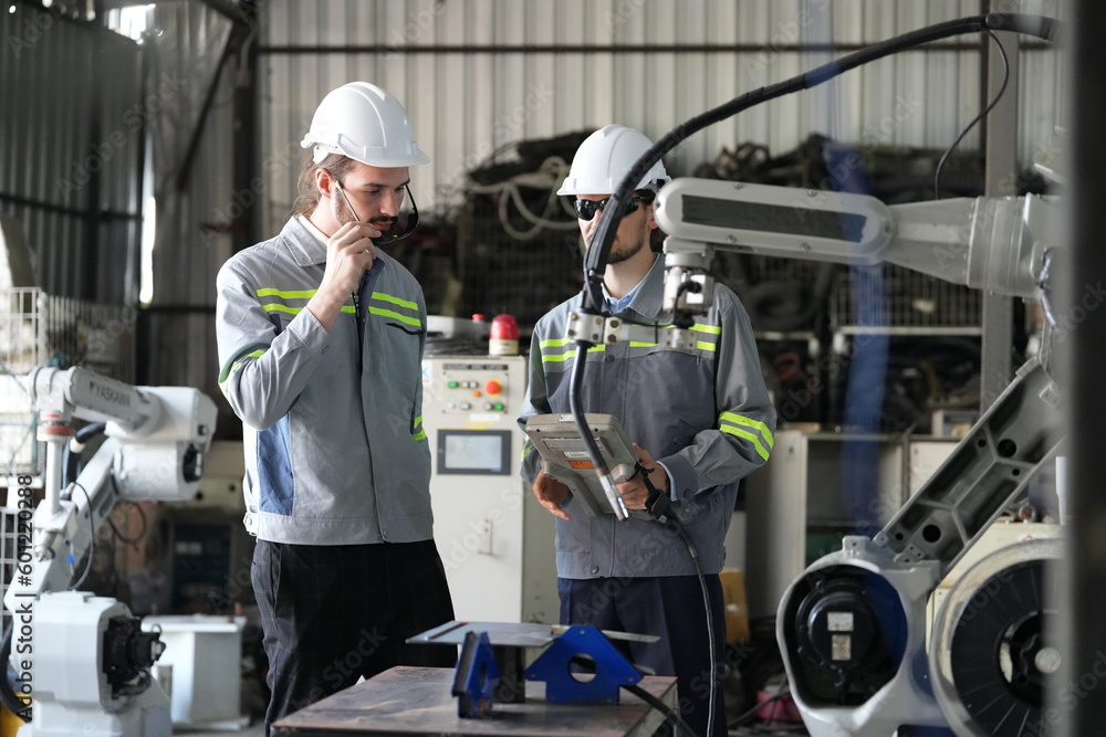 Robotics engineer working on maintenance of robotic arm in factory warehouse. Business technology. Robotics engineer working on maintenance of robotic arm in factory warehouse. Business technology.