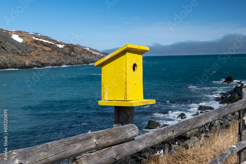 A vibrant yellow colored wooden homemade bird house or nesting box on a pole affixed to a wood fence with the ocean in the background. There's a small hill in the distance. The sky is blue with clouds © Dolores  Harvey