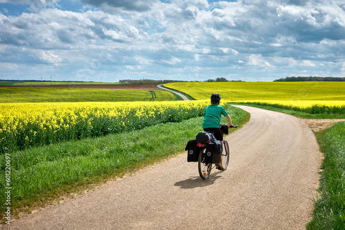 Aventures en famille avec les voyageurs à vélo à travers les champs de colza jaune en France
