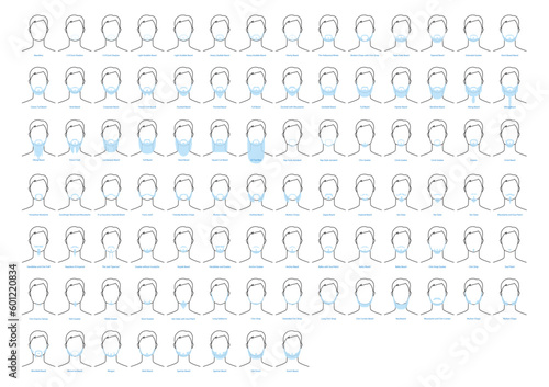 Set of Beard and mustache with name text style men face illustration Facial hair. Vector black blue portrait male Fashion template flat barber collection. Stylish hairstyle isolated outline on white