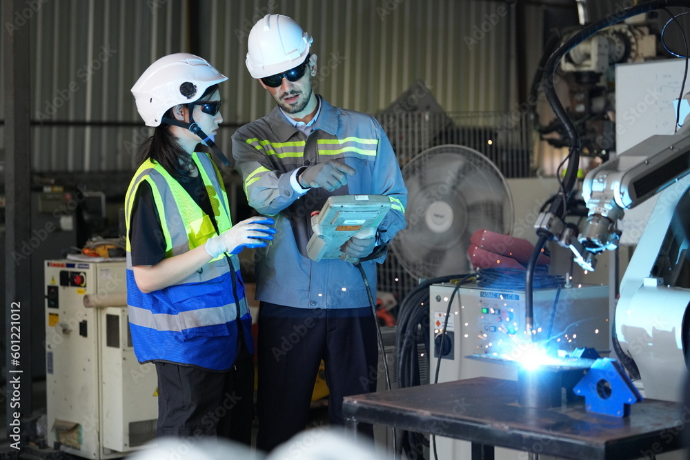 Fototapeta premium Robotics engineer working on maintenance of robotic arm in factory warehouse. Business technology.