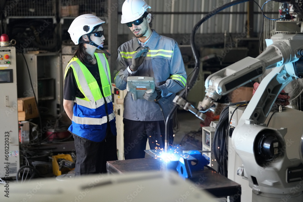 Robotics engineer working on maintenance of robotic arm in factory warehouse. Business technology. Robotics engineer working on maintenance of robotic arm in factory warehouse. Business technology.