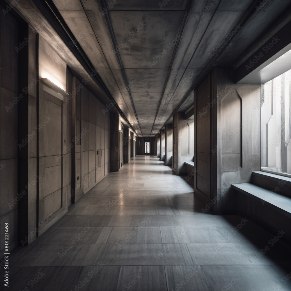 A long concrete brutalist style hallway with several windows in it Generative Ai