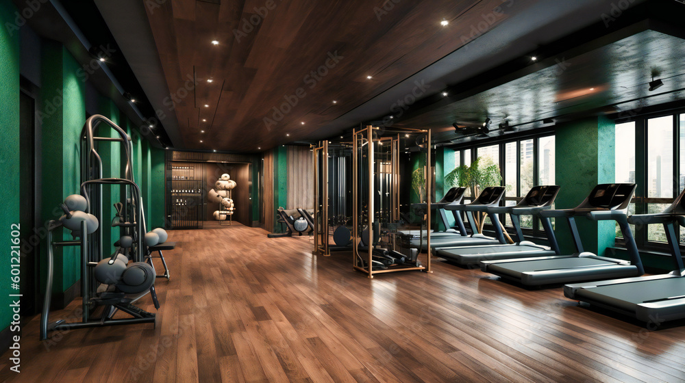 A gym gym with wooden floor and many machines