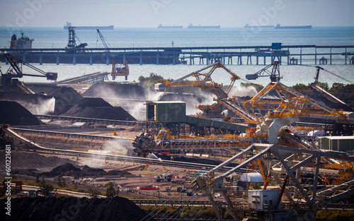Hay Point. Australia\'s bulk coal terminals. Reclaimers, conveyors and stackers for handling and exporting coal. Logos removed. Fossil fuel industry, Environmental challenge, Climate Change.