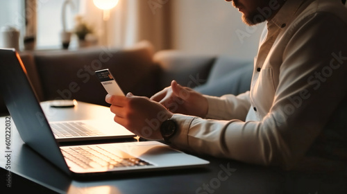 A man holding a credit card as he uses a laptop and phone