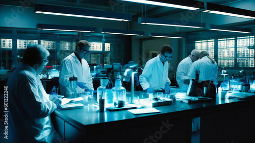 Scientists studying test results in a laboratory