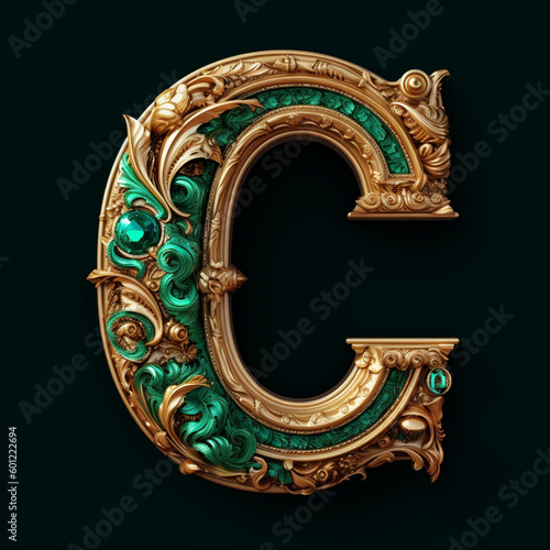 Captivating Emerald Crest: A Regal Fusion of Gold and Green in the 3D Letter C