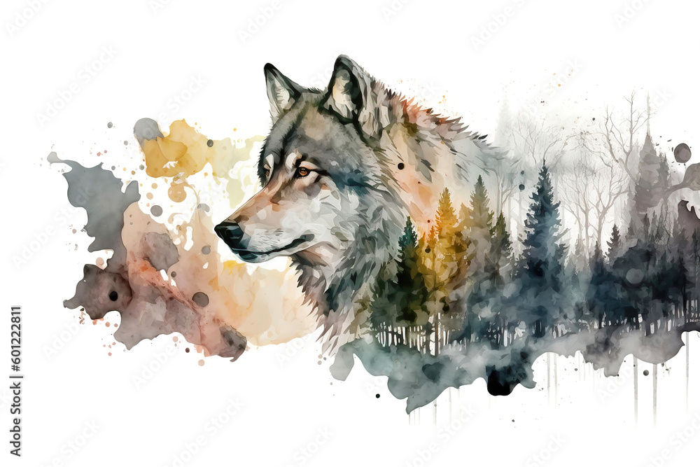 Fototapeta Beautiful wolf in the forest, watercolor illustration generative AI