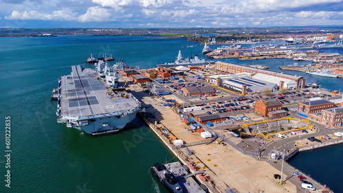 Canvas Print Aerial view of an aircraft carrier of the Royal Navy moored in Portsmouth Harbou