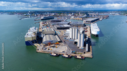 Ro-Ro ships unloading new cars in the Port of Southampton on the Channel coast in southern England, United Kingdom - Large polder used for international trade and shipping