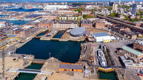 Canvas Print Aerial view of Portsmouth Historic Dockyard and the Royal Navy's ancient HMS Vic