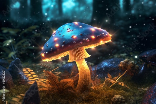 Enchanting Scene of a Colorful Mushroom in a Dark Forest  Generative AI