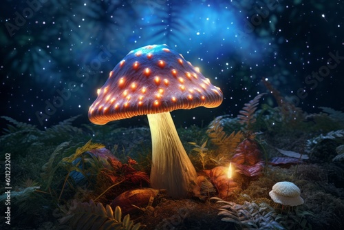 Enchanting Scene of a Colorful Mushroom in a Dark Forest, Generative AI © avrezn