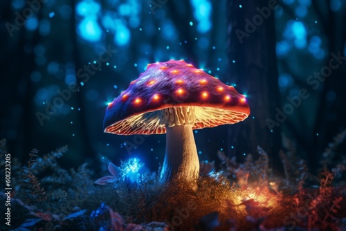 Enchanting Scene of a Colorful Mushroom in a Dark Forest, Generative AI