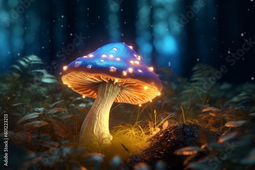 Enchanting Scene of a Colorful Mushroom in a Dark Forest, Generative AI