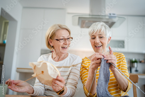 two women senior mature knitting and embroidery during leisure time