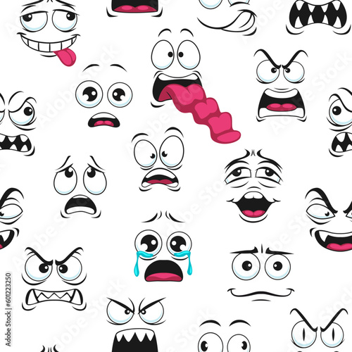 Unhappy, sad and angry faces seamless pattern. Fabric or wrapping paper funny background, textile print or vector backdrop with cartoon scared, angry creaming, crying and fullish face expressions