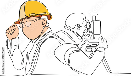 Close up of Caucasian worker with helmet on head using tablet for work while standing in warehouse. Surveyor with a tripod icon. Geodesic tripod. Vector illustration