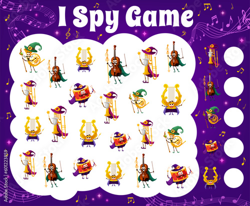 I spy game wizard and fairy musical instrument characters  sound waves and music notes. Kids vector math riddle with cartoon trumpet  french horn  violin  drum and harp sorcerer personages  rebus task