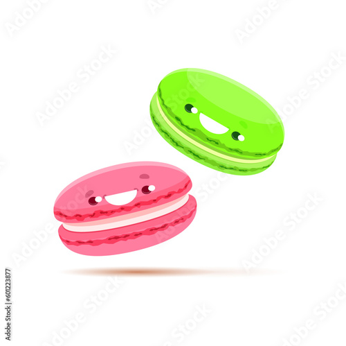 Cartoon green and pink macaron characters. French macaroon cake vector personages with cute smiling faces. Funny sweet food and pastry dessert emojis of strawberry and pistachio flavored cookies
