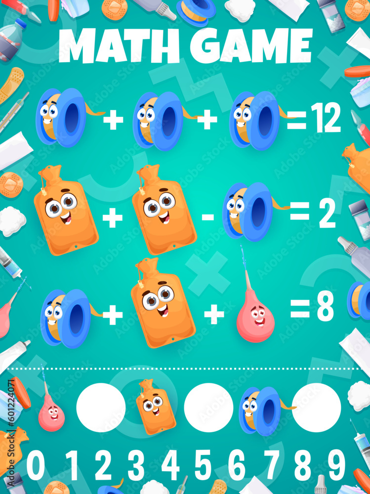 Math game worksheet cartoon adhesive patch, enema and heating pad. Vector mathematics riddle for children education with medical tools characters. Fun arithmetic and calculation learning brainteaser Math game worksheet cartoon adhesive patch, enema and heating pad. Vector mathematics riddle for children education with medical tools characters. Fun arithmetic and calculation learning brainteaser