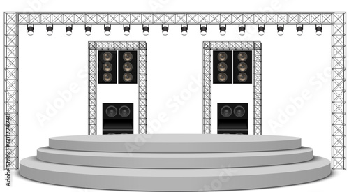 white stage and speaker with spotlight on the truss system on the white background	