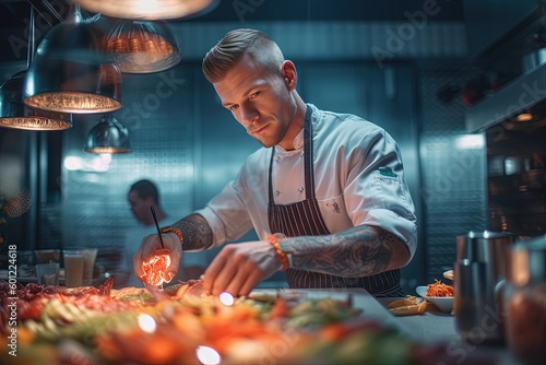 A chef in a restaurant kitchen, creating a culinary masterpiece with skill and expertise