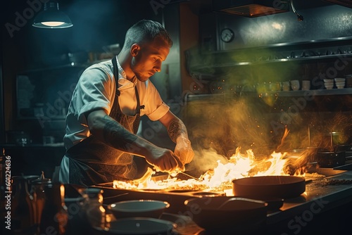 A chef in a restaurant kitchen, creating a culinary masterpiece with skill and expertise
