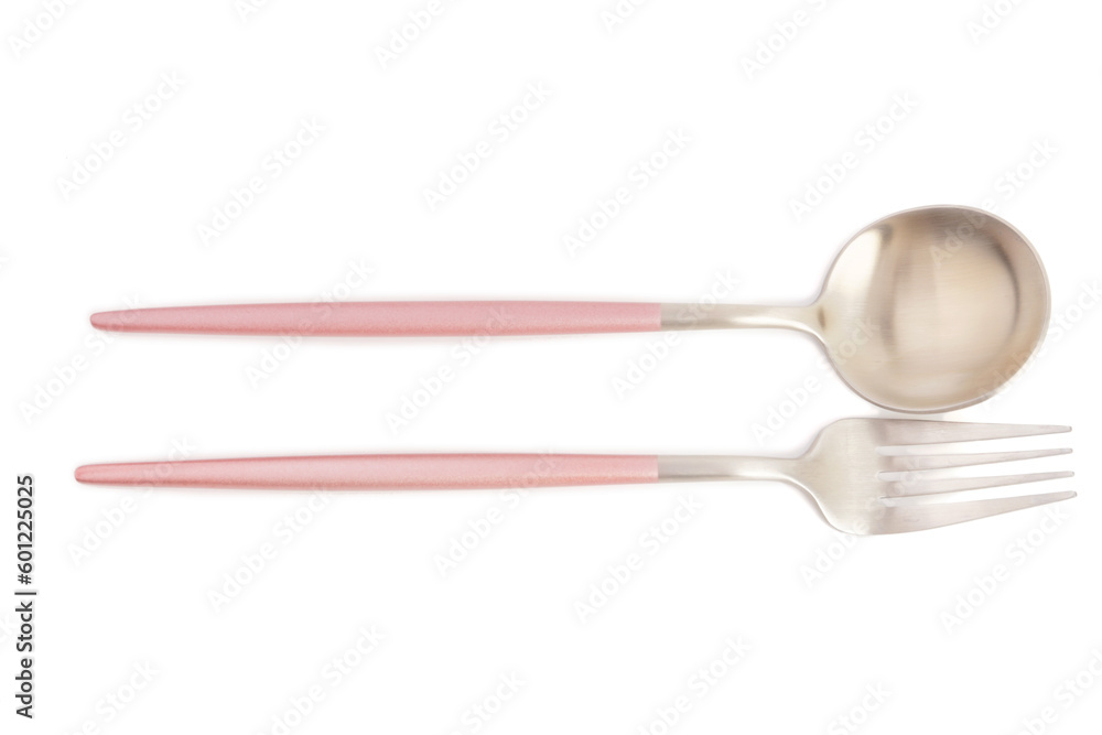 Stainless steel spoon and fork with pink handles on white background Stainless steel spoon and fork with pink handles on white background