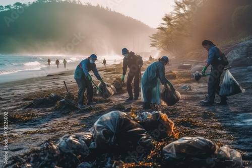 A team of environmentally-conscious workers joining forces to remove plastic litter and debris from a picturesque beach, promoting a cleaner and healthier environment