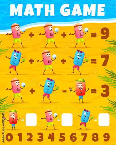Cartoon vitamin characters on summer beach math game worksheet. Vector mathematics task page with funny B9, B5 and vitamin personages outdoor activities on seaside. Riddle for children education