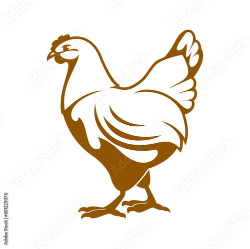 Hen icon. Chicken farm and poultry meat market emblem. Domestic bird farm graphic icon, livestock agriculture vintage symbol or poultry meat production company vector icon with hen
