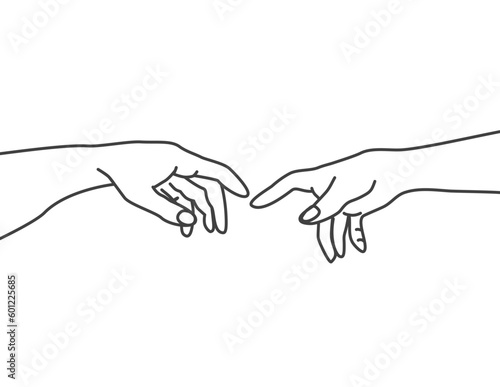 Michaelangelo creation of adam, adam and god hand, line art, vector drawing illustration, elegant reaching connection concept.