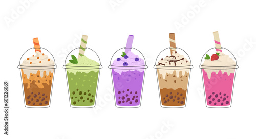 Set of bubble milk tea with tapioca pearls. Asian Taiwanese beverage.  Cold matcha drink in takeaway plastic cup. Cartoon vector illustration.