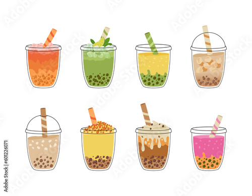 Set of bubble tea with tapioca pearls. Asian Taiwanese drink. Boba milk tea. Cold coffee in takeaway cup. Cartoon vector illustration.