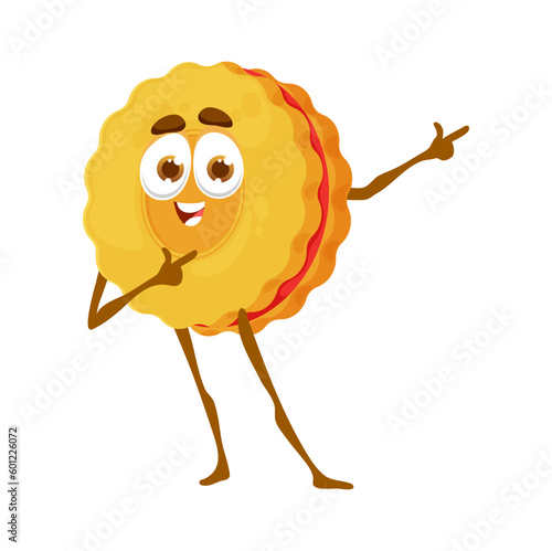 Cartoon cookie funny character. Sweet pastry, bakery shop dessert funny vector mascot or fresh confectionery isolated cookie cheerful vector personage with jam inside and smiling face