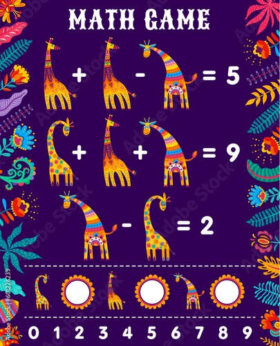 Math game worksheet, African giraffes, flowers and leaves, vector mathematics quiz. Funny cartoon African giraffes and savanna plants on math game puzzle for addition and subtraction calculation skill