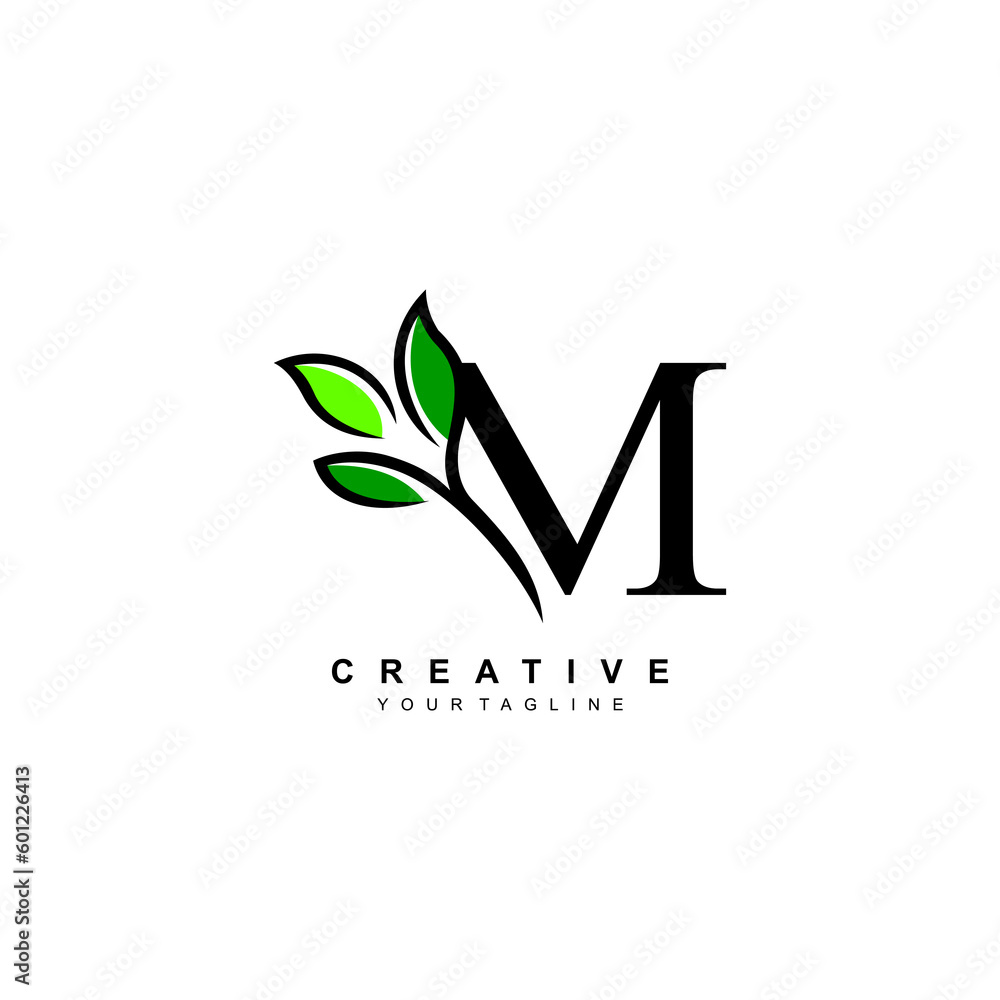 Nature theme letter M logo design with leaves vector. M nature. M leaf