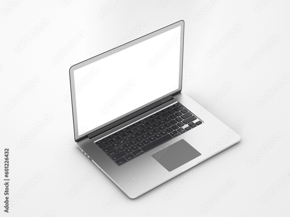Laptop with blank screen isolated on white background, white aluminium body. 3D illustration, 3D rendering.
Laptop with blank screen isolated on white background, white aluminium body. 3D illustration, 3D rendering.