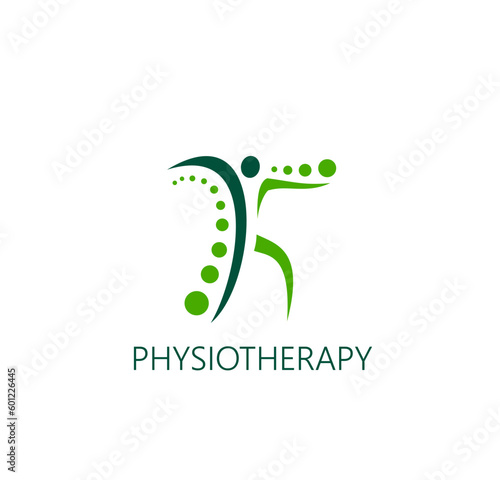 Physiotherapy icon, vector physical and chiropractic therapy, massage treatment, rehabilitation and recovery exercises. Green human silhouette emblem of physiotherapist, chiropractor, physio therapist