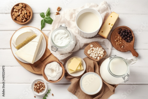 Top view photo of dairy products over white wooden background. Symbols of Jewish holiday - Shavuot