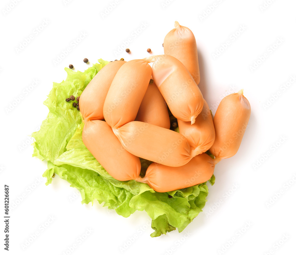 Tasty boiled sausages with lettuce and peppercorn on white background Tasty boiled sausages with lettuce and peppercorn on white background