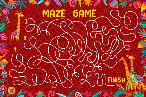 Labyrinth maze game help to giraffe to find his friends. Kids vector boardgame worksheet. Recreational fun for family activity with funny cartoon african animals searching way on tangled path riddle