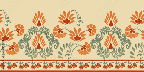 Ikat floral paisley embroidery on yellow background, traditional geometric ethnic pattern, aztec abstract style vector illustration.