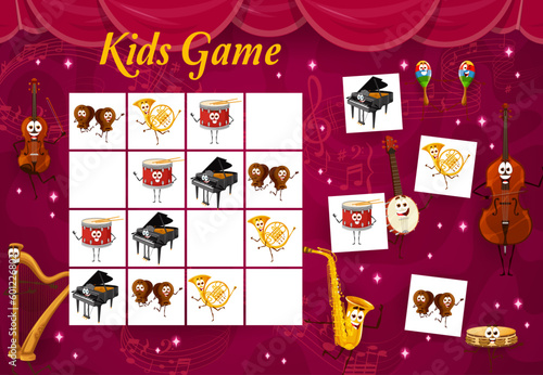 Sudoku kids game cartoon musical instrument characters. Jazz orchestra personages puzzle quiz vector worksheet, square block game with funny drum, piano, violin and saxophone, cute maracas and cello