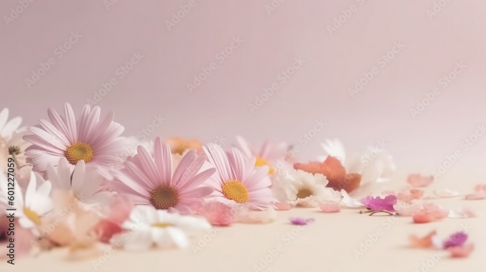 Pink and purple flowers on a table with pink background. Created with Generative AI tools. Pink and purple flowers on a table with pink background. Created with Generative AI tools.