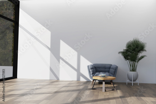 Stylish Modern wooden living room in white background, Scandinavian style, Rattan home decor, 3D illustration, 3D rendering.