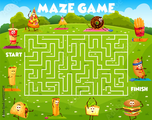 Labyrinth maze game, cartoon fast food yoga characters, vector worksheet puzzle. Funny fast food pizza, cheeseburger and burrito, donut with cheesecake and fries on kids labyrinth escape quiz